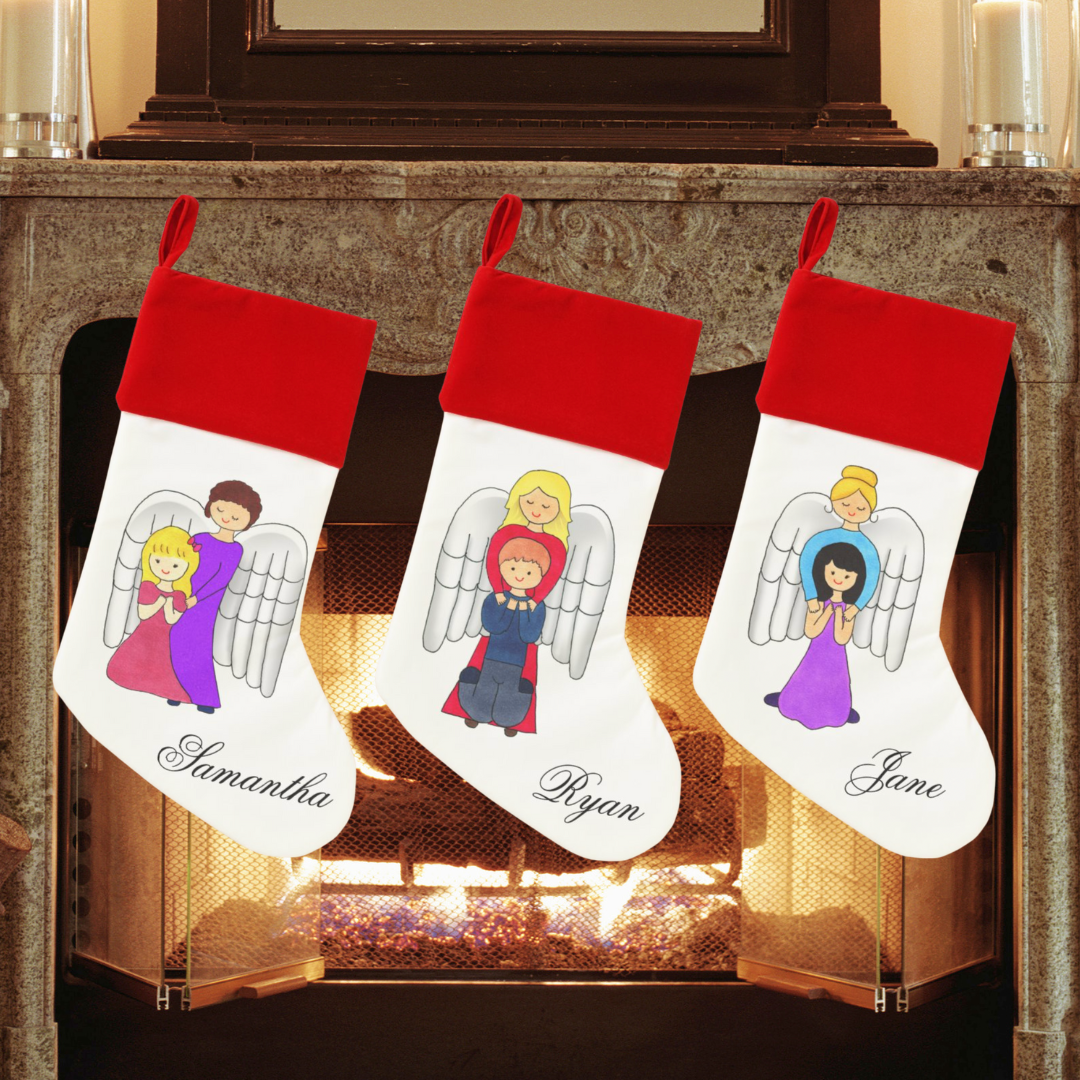 Christmas stockings hung in front of a fireplace mantle