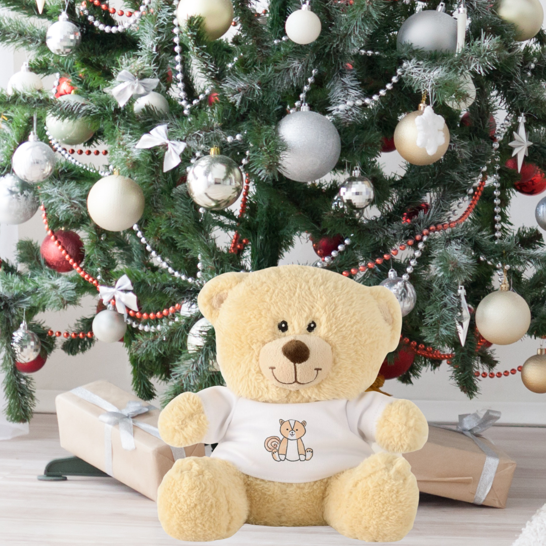 Plush teddy bear wearing a Pupeye the Pomeranian Dog T-Shirt